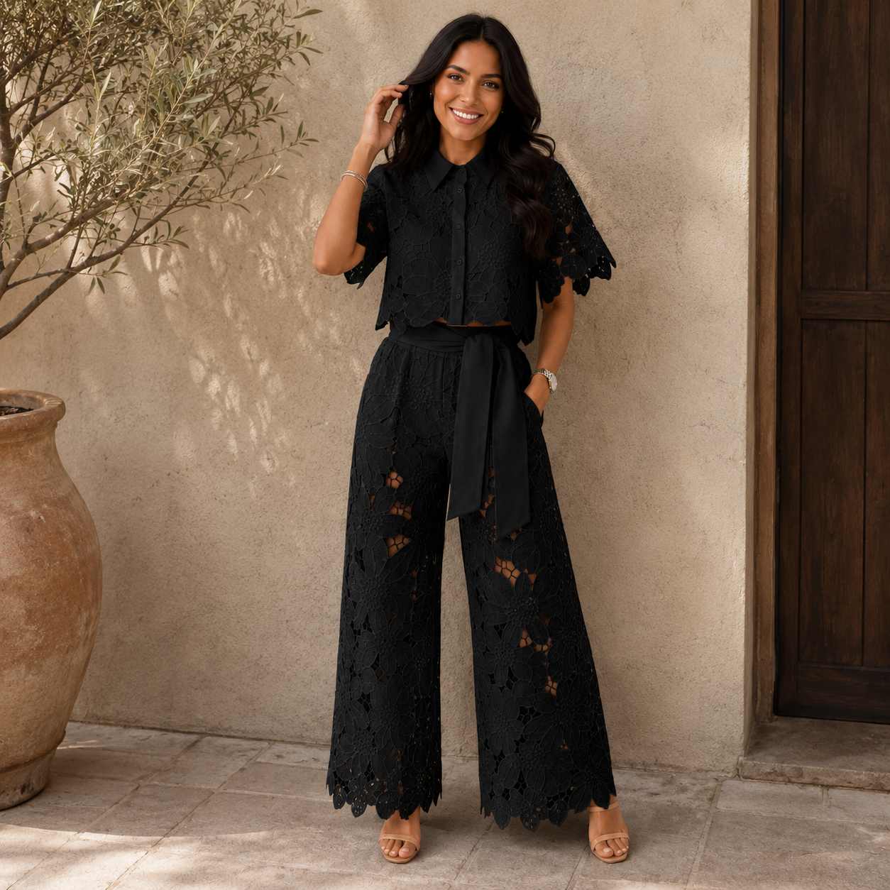 Dames Kanten Bloemen Crop Top en Wijde Broek Set met Strikceintuur