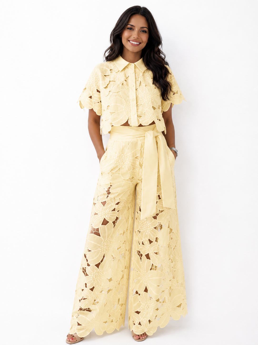 Dames Kanten Bloemen Crop Top en Wijde Broek Set met Strikceintuur