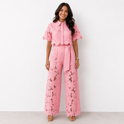 Dames Kanten Bloemen Crop Top en Wijde Broek Set met Strikceintuur
