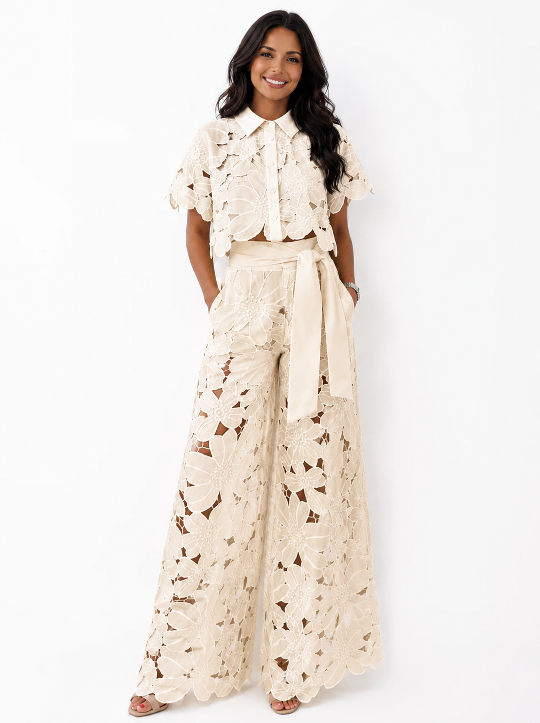 Dames Kanten Bloemen Crop Top en Wijde Broek Set met Strikceintuur Geel