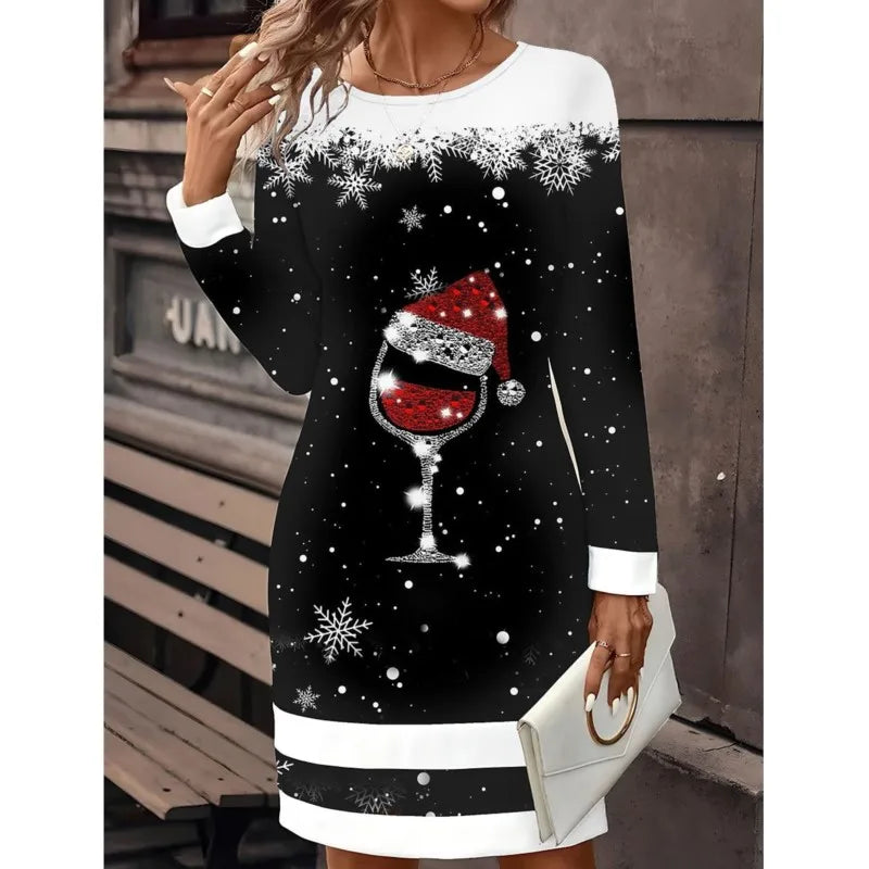 Dames Kerstjurk met Lange Mouwen en Ronde Hals