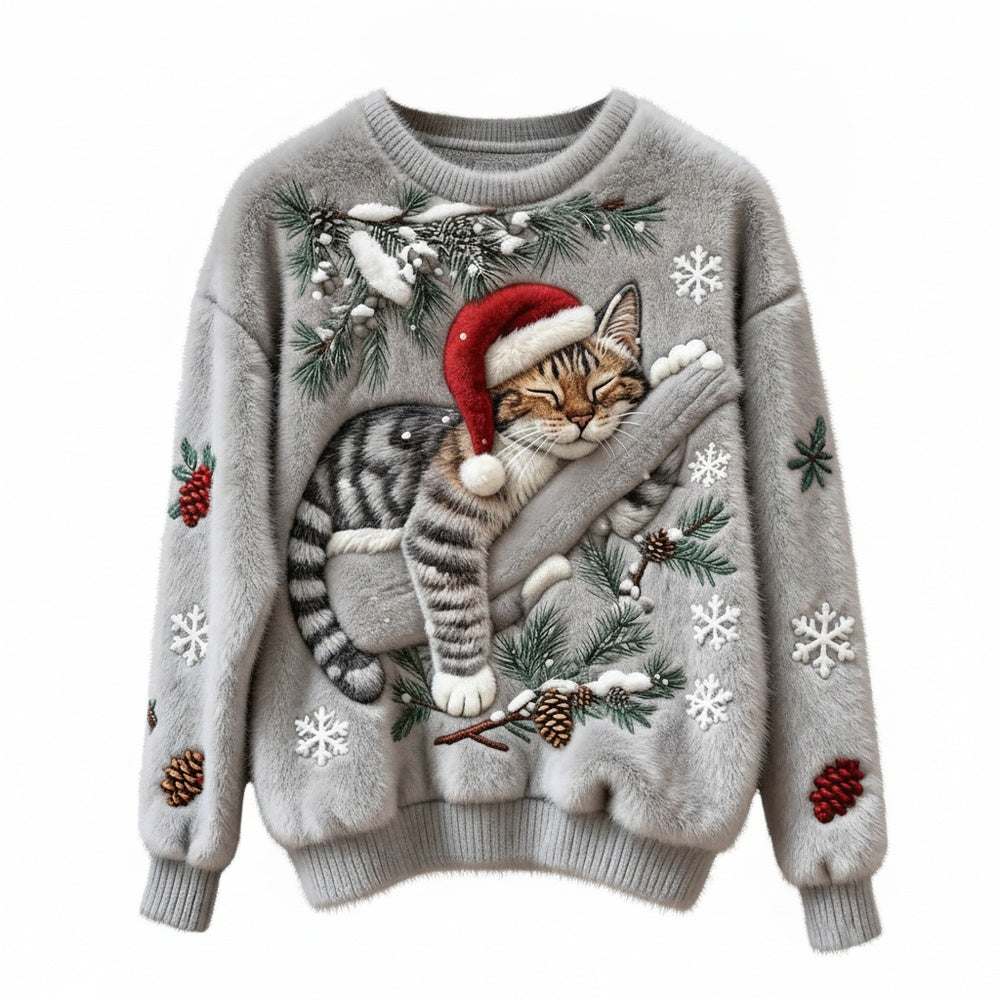 Dames Kersttrui met Kattenprint en Ronde Hals