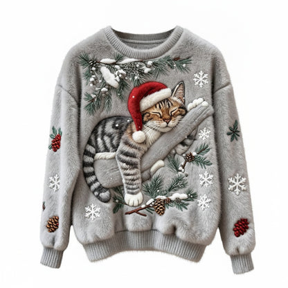 Dames Kersttrui met Kattenprint en Ronde Hals