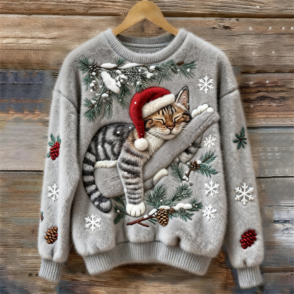 Dames Kersttrui met Kattenprint en Ronde Hals Grijs