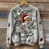 Dames Kersttrui met Kattenprint en Ronde Hals