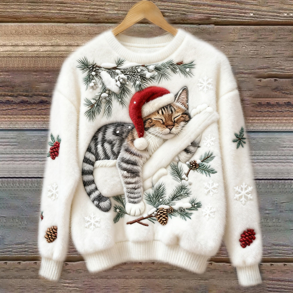 Dames Kersttrui met Kattenprint en Ronde Hals Wit