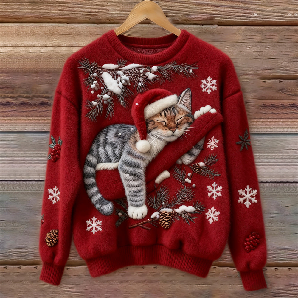 Dames Kersttrui met Kattenprint en Ronde Hals Rood
