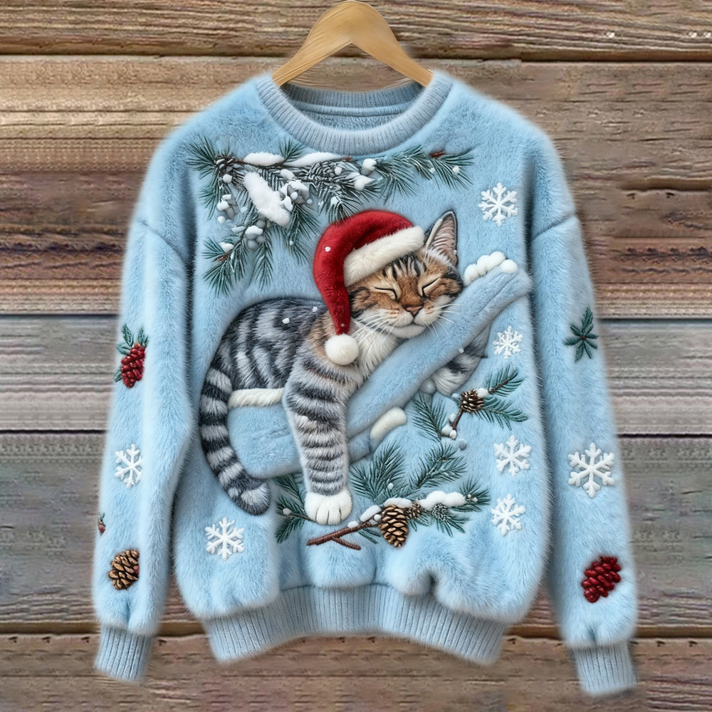 Dames Kersttrui met Kattenprint en Ronde Hals Lichtblauw