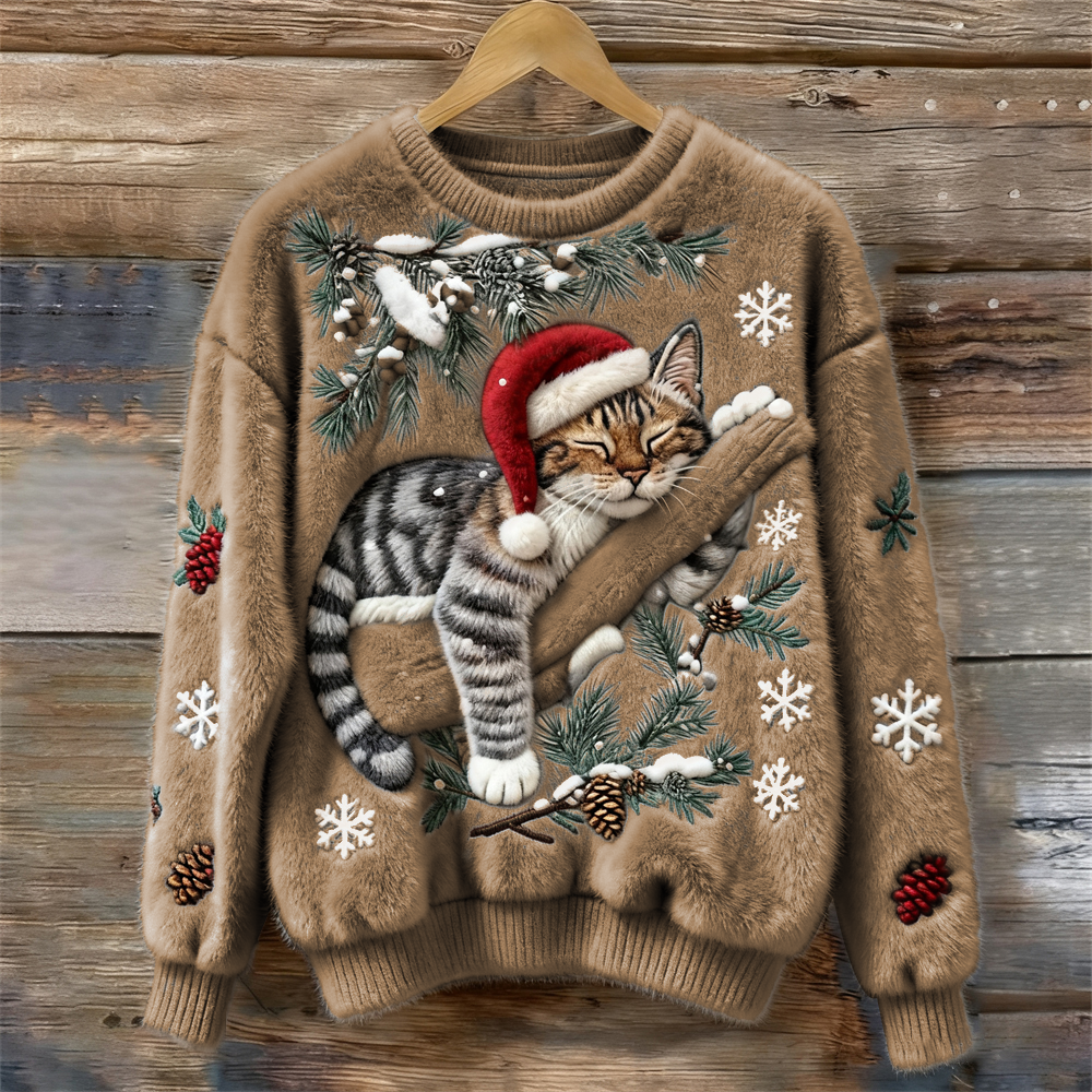 Dames Kersttrui met Kattenprint en Ronde Hals Kaki