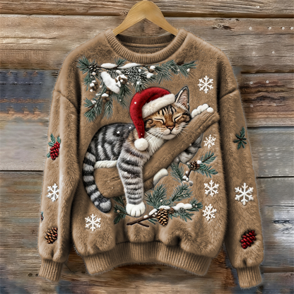 Dames Kersttrui met Kattenprint en Ronde Hals Kaki