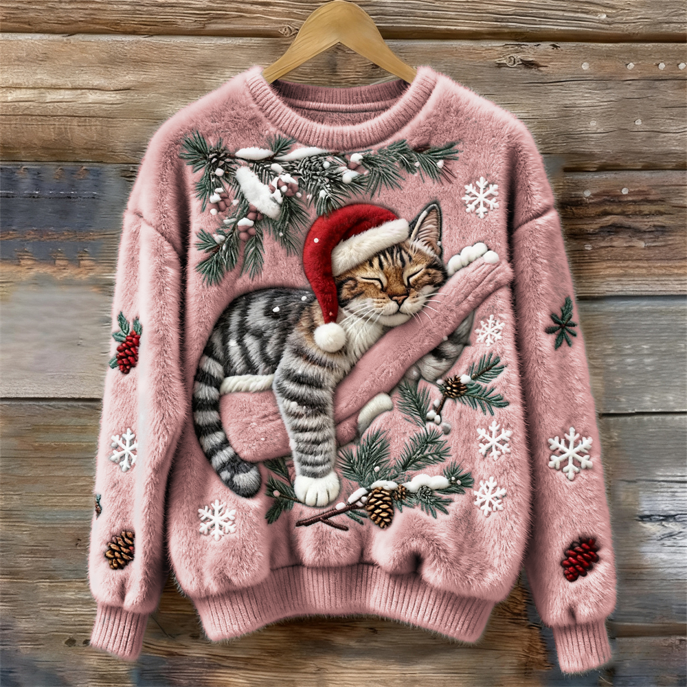 Dames Kersttrui met Kattenprint en Ronde Hals Roze