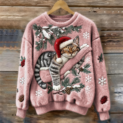 Dames Kersttrui met Kattenprint en Ronde Hals Roze