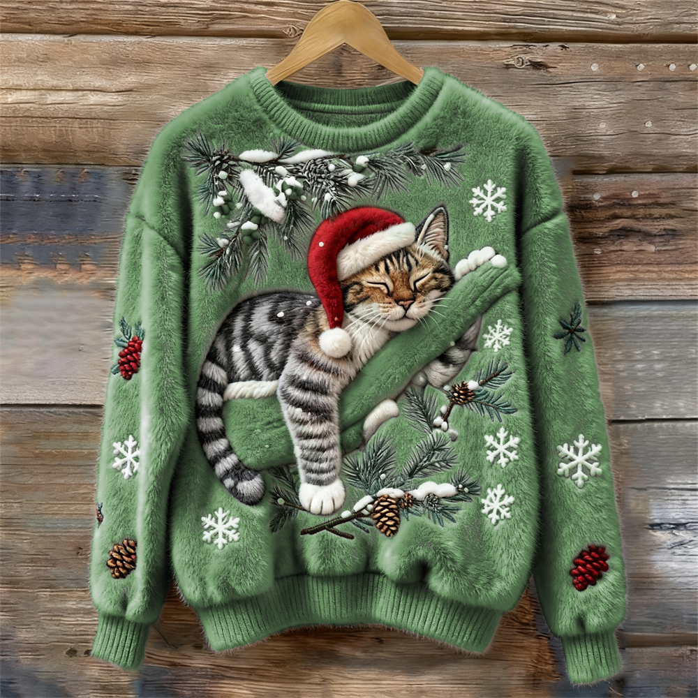 Dames Kersttrui met Kattenprint en Ronde Hals Groen