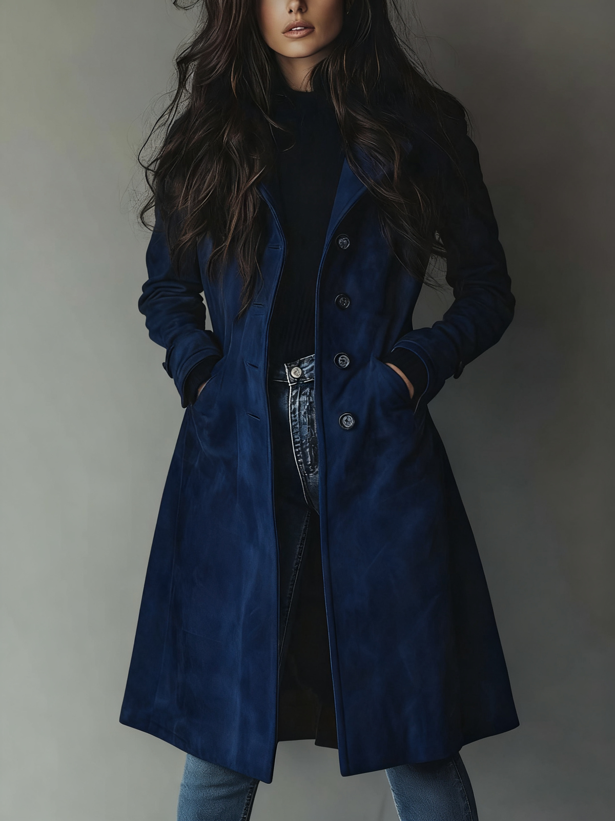 Dames Klassieke Trenchcoat in Vintage Look met Knoopsluiting Donkerblauw