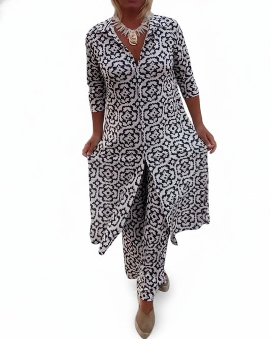 Dames Kleding Set met Driekwart Mouw, V-hals en Vintage Print