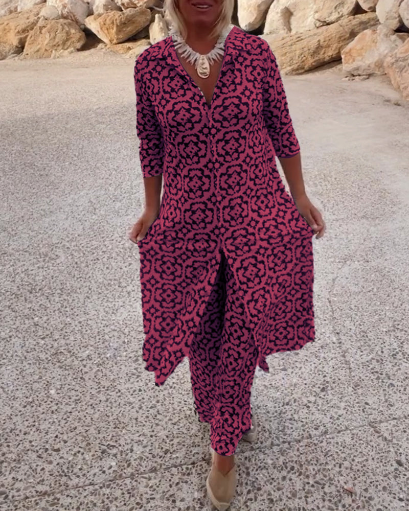 Dames Kleding Set met Driekwart Mouw, V-hals en Vintage Print Fuchsia