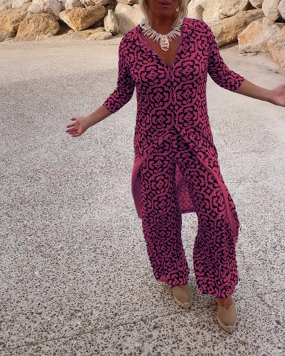 Dames Kleding Set met Driekwart Mouw, V-hals en Vintage Print