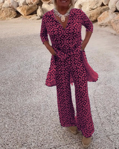 Dames Kleding Set met Driekwart Mouw, V-hals en Vintage Print