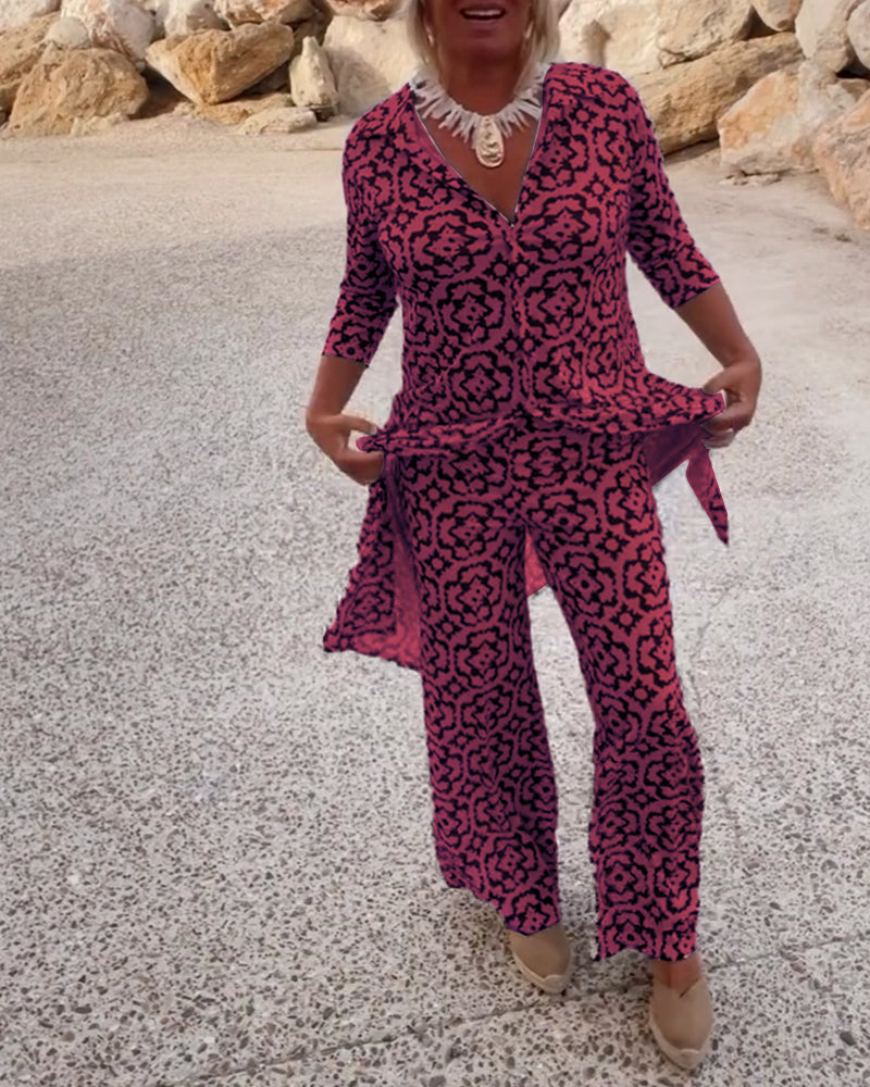 Dames Kleding Set met Driekwart Mouw, V-hals en Vintage Print