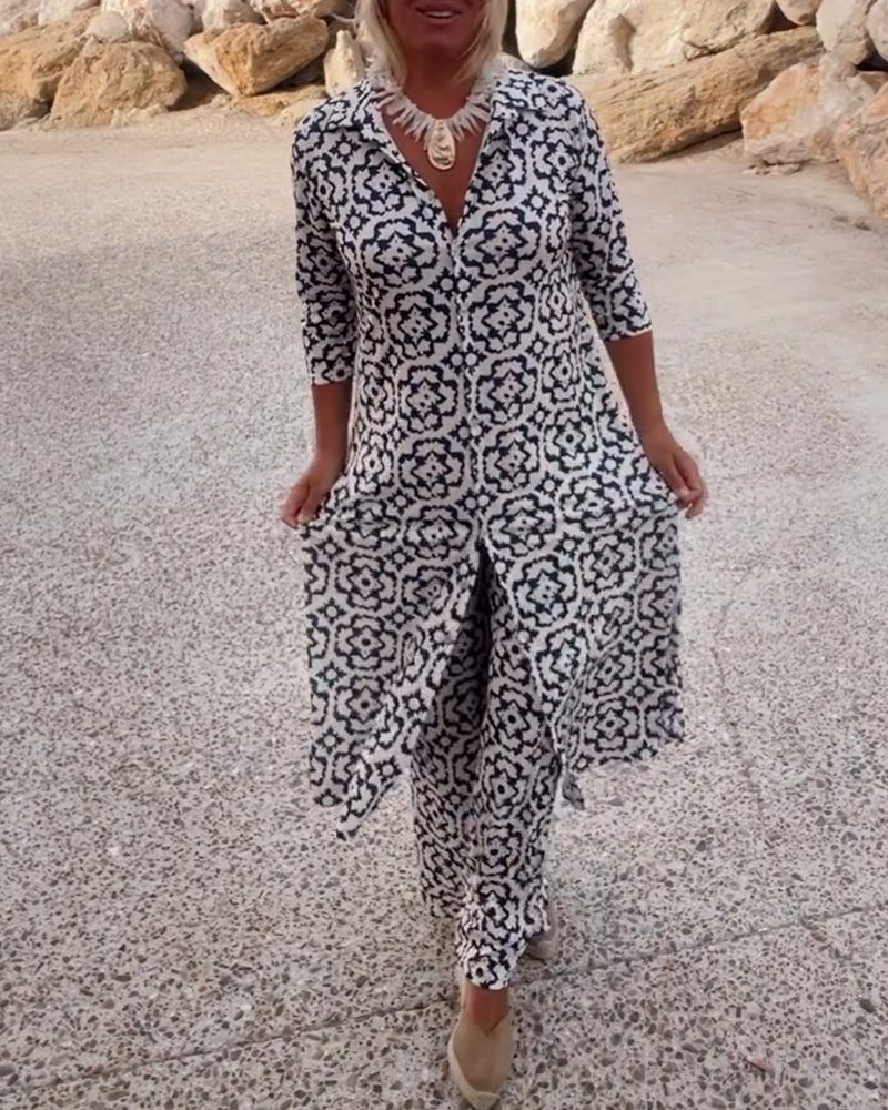 Dames Kleding Set met Driekwart Mouw, V-hals en Vintage Print Marineblauw