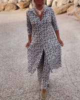 Dames Kleding Set met Driekwart Mouw, V-hals en Vintage Print