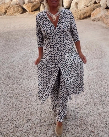 Dames Kleding Set met Driekwart Mouw, V-hals en Vintage Print Marineblauw