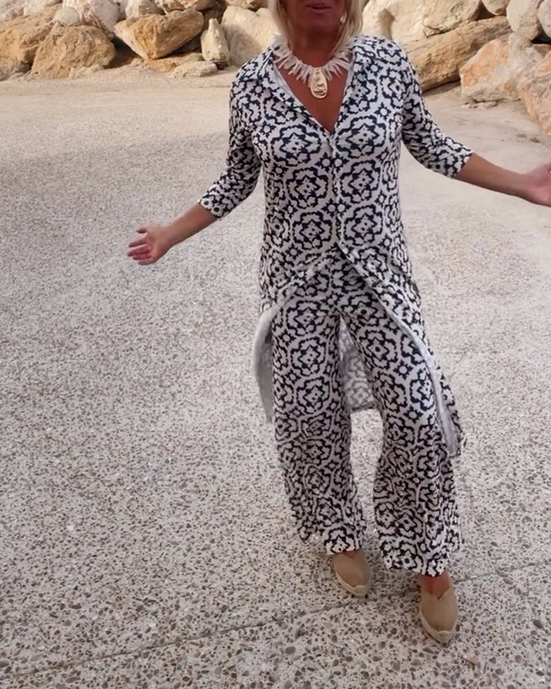 Dames Kleding Set met Driekwart Mouw, V-hals en Vintage Print