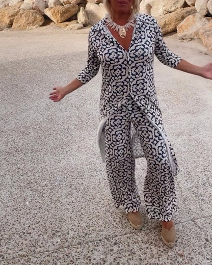 Dames Kleding Set met Driekwart Mouw, V-hals en Vintage Print
