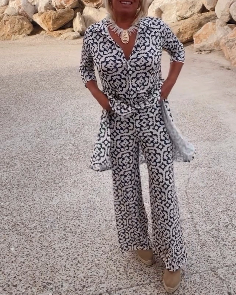 Dames Kleding Set met Driekwart Mouw, V-hals en Vintage Print