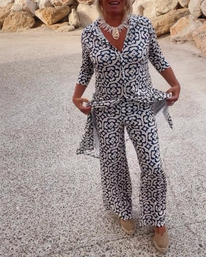 Dames Kleding Set met Driekwart Mouw, V-hals en Vintage Print