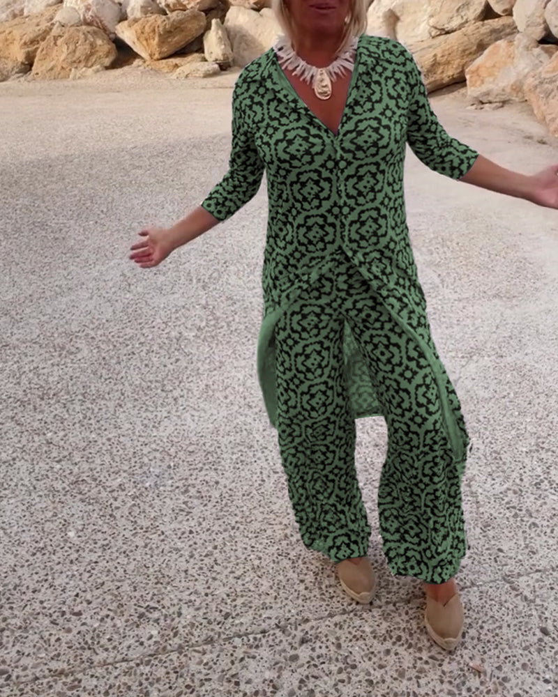 Dames Kleding Set met Driekwart Mouw, V-hals en Vintage Print