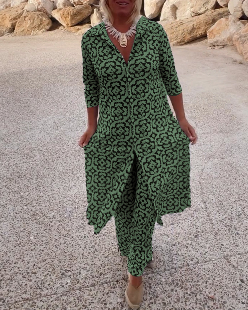 Dames Kleding Set met Driekwart Mouw, V-hals en Vintage Print Groen