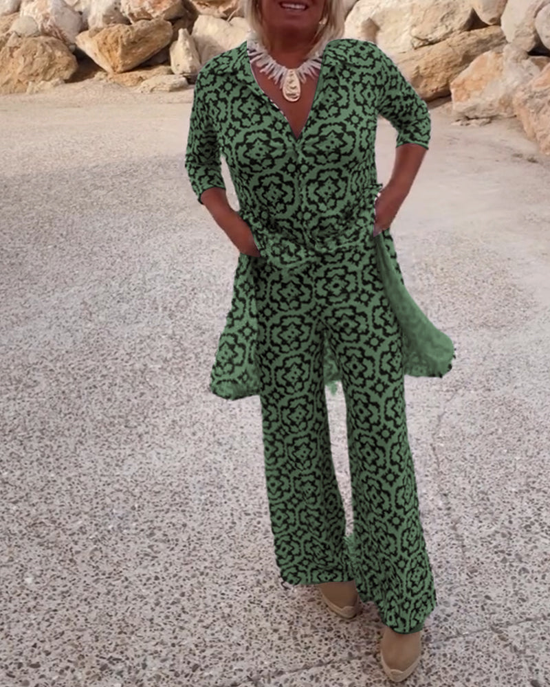 Dames Kleding Set met Driekwart Mouw, V-hals en Vintage Print