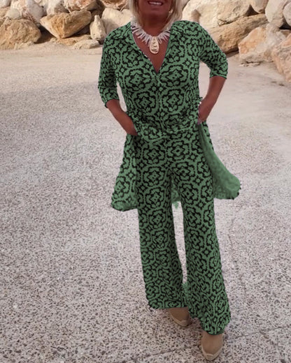 Dames Kleding Set met Driekwart Mouw, V-hals en Vintage Print