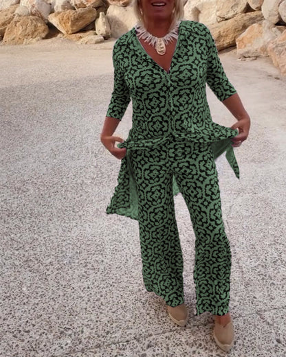 Dames Kleding Set met Driekwart Mouw, V-hals en Vintage Print