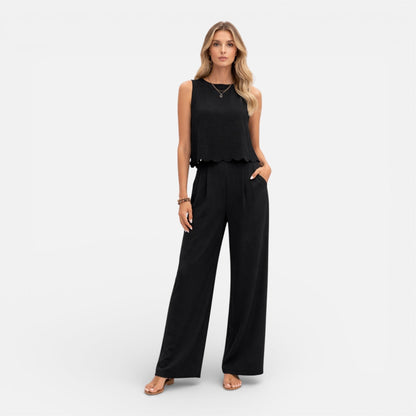 Dames Kledingset Mouwloze Top met Schulprand en Wide Leg Broek Zwart