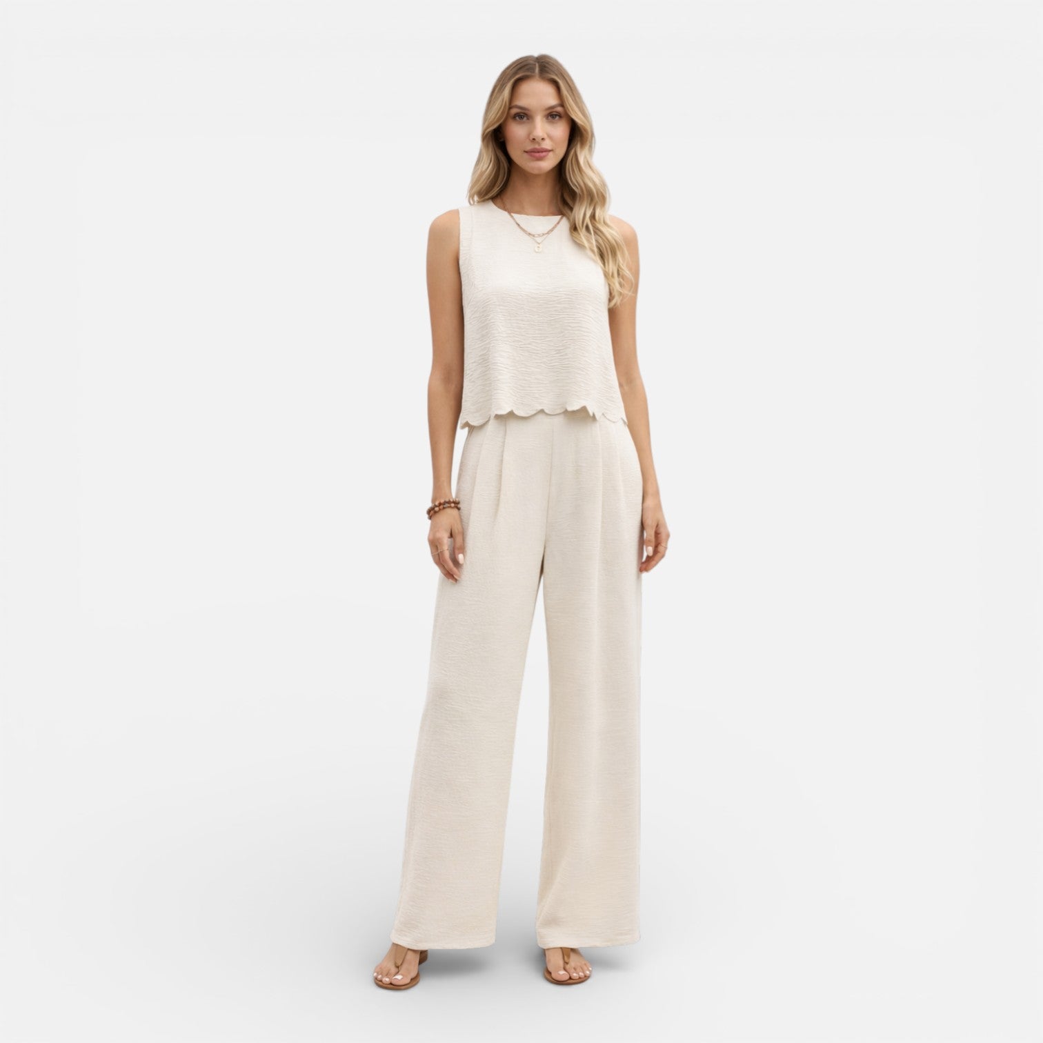 Dames Kledingset Mouwloze Top met Schulprand en Wide Leg Broek Beige
