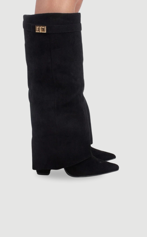 Dames Kniehoge Fold-Over Boots met Gouden Detail en Puntneus
