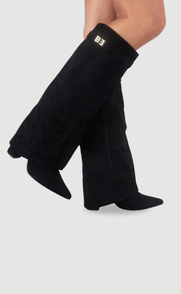 Dames Kniehoge Fold-Over Boots met Gouden Detail en Puntneus