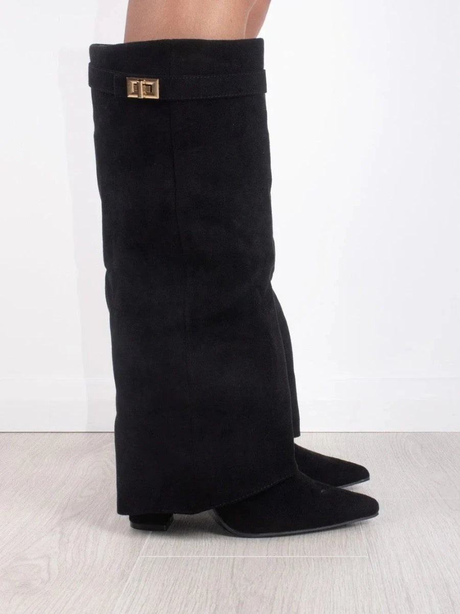Dames Kniehoge Fold-Over Boots met Gouden Detail en Puntneus Zwart