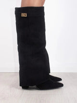 Dames Kniehoge Fold-Over Boots met Gouden Detail en Puntneus