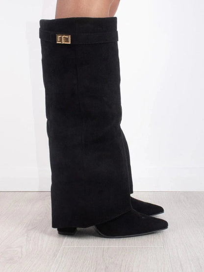 Dames Kniehoge Fold-Over Boots met Gouden Detail en Puntneus Zwart
