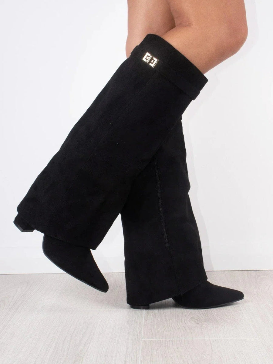 Dames Kniehoge Fold-Over Boots met Gouden Detail en Puntneus