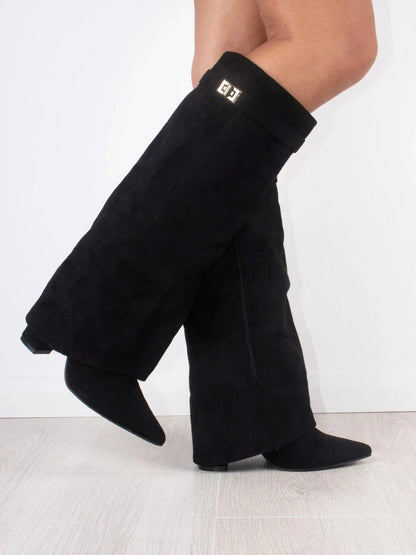 Dames Kniehoge Fold-Over Boots met Gouden Detail en Puntneus