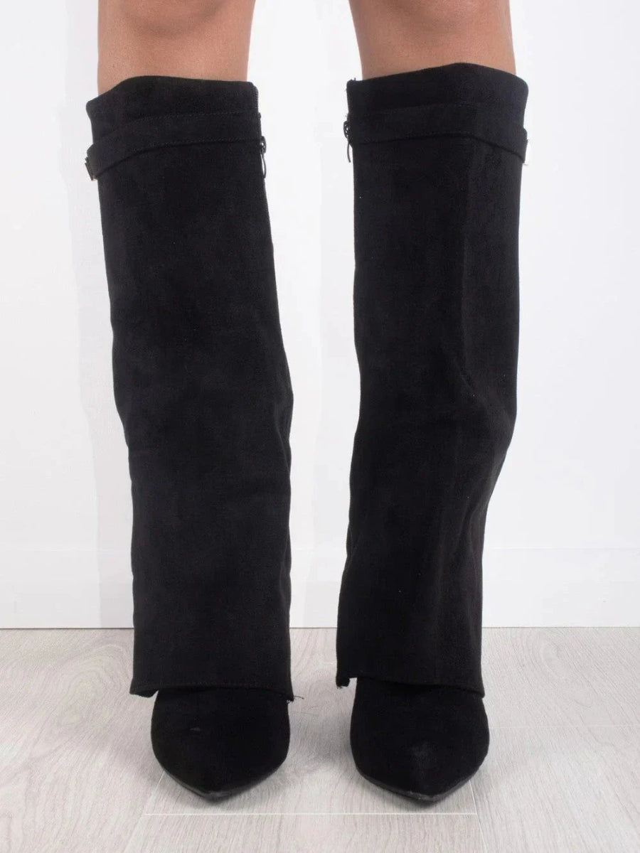 Dames Kniehoge Fold-Over Boots met Gouden Detail en Puntneus