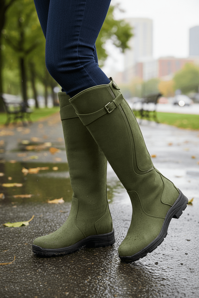 Dames Kniehoge Regenlaarzen met Gespbandje en Antislip Zool Groen