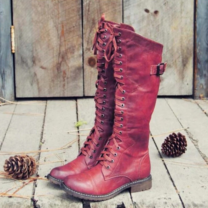 Dames Kniehoge Veterlaarzen met Zijrits en Gesp Rood