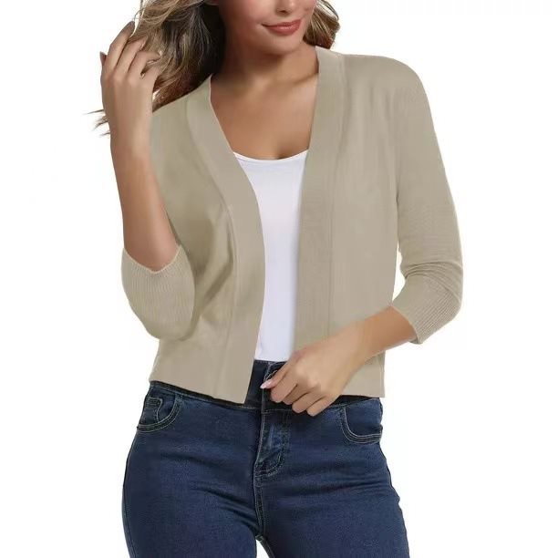 Dames Korte Cardigan Open Voorkant met Driekwart Mouwen Beige