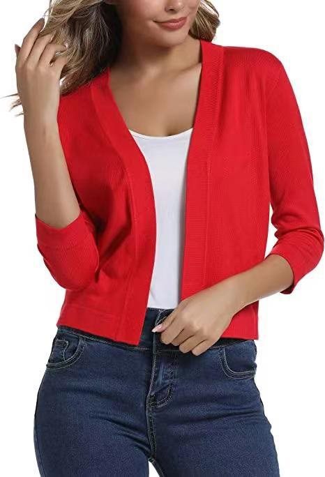 Dames Korte Cardigan Open Voorkant met Driekwart Mouwen Rood