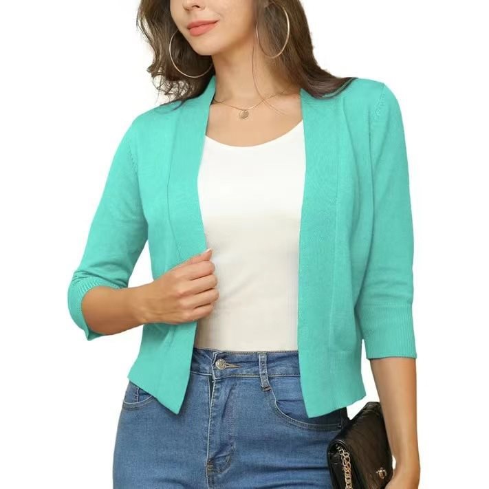 Dames Korte Cardigan Open Voorkant met Driekwart Mouwen Turquoise